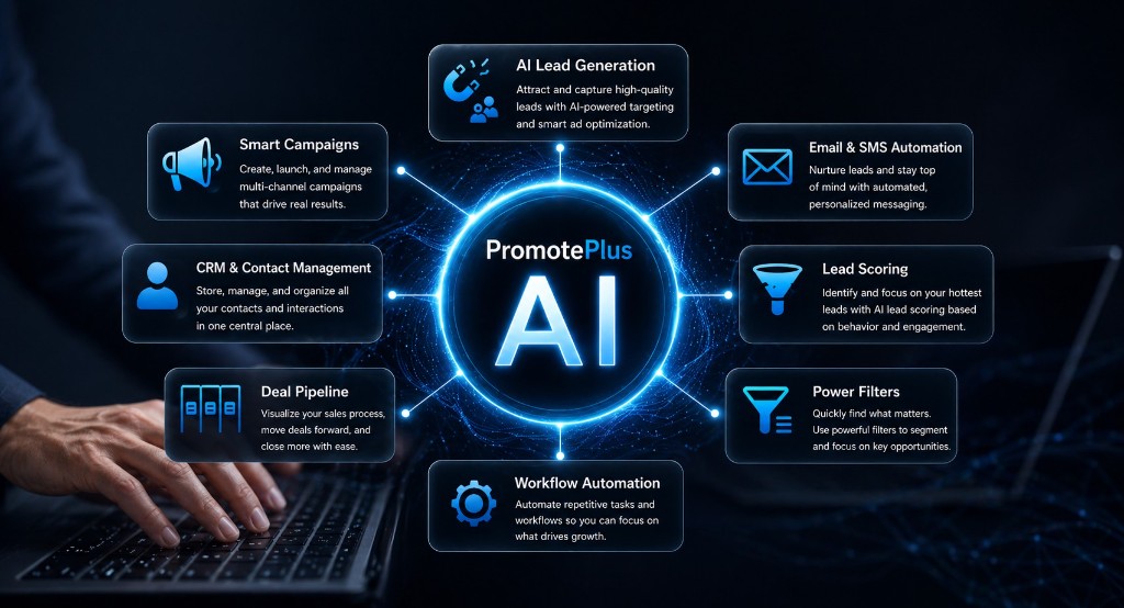PromotePlus AI growth platform illustration for real estate